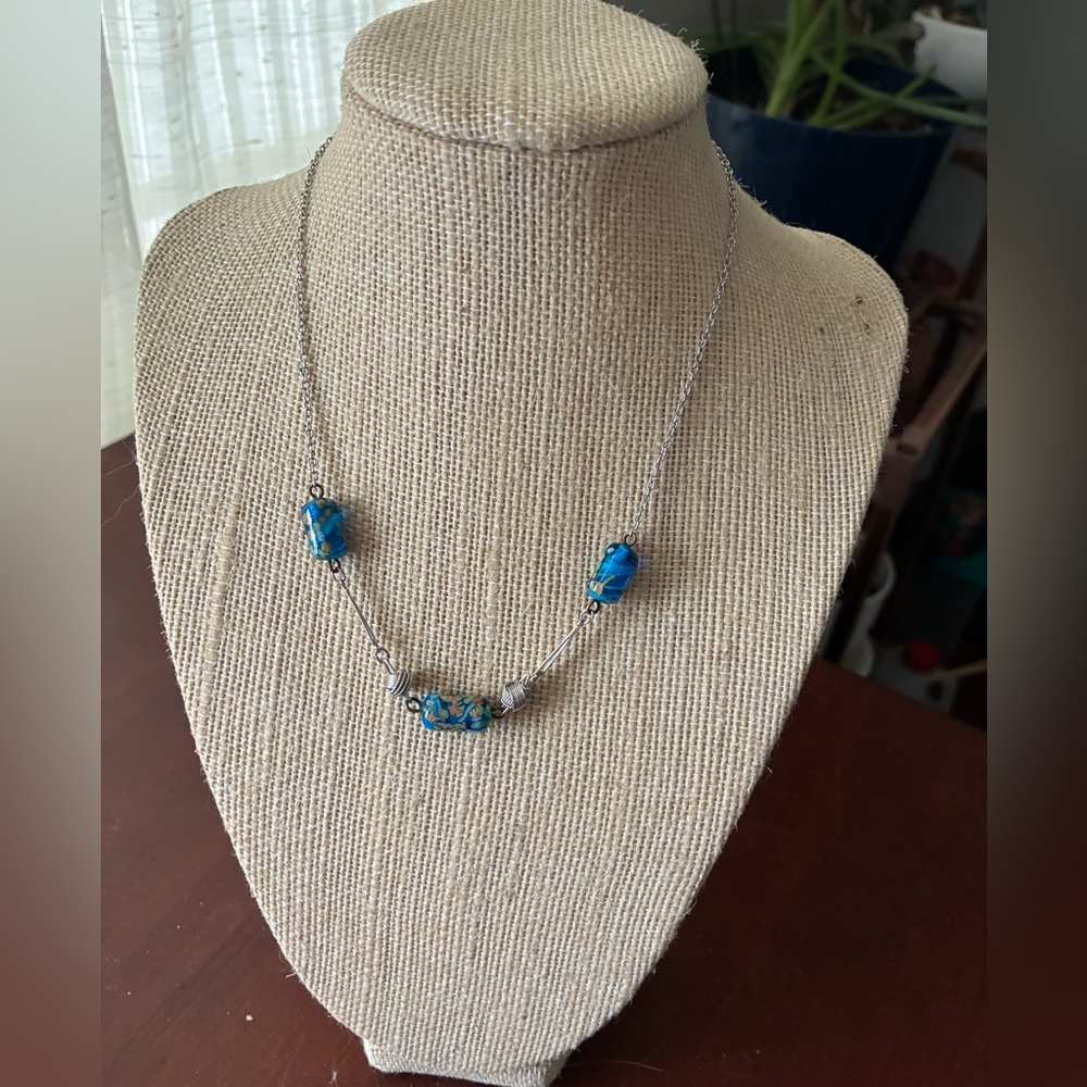 BOGO Blue Glass Bead Silver Chain Necklace